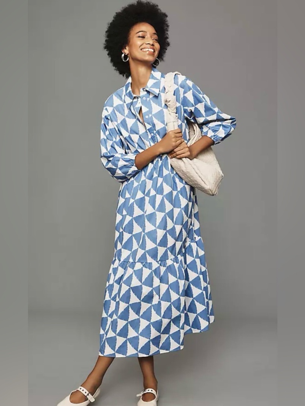 Maeve The Bettina Tiered Shirt Dress In Geometric Blue and White Size Medium